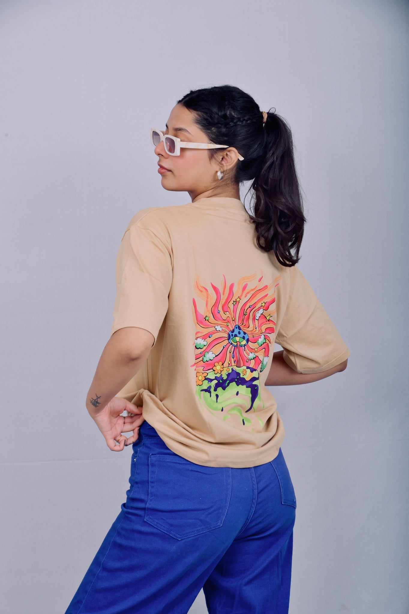 beige printed oversized t shirt - back design