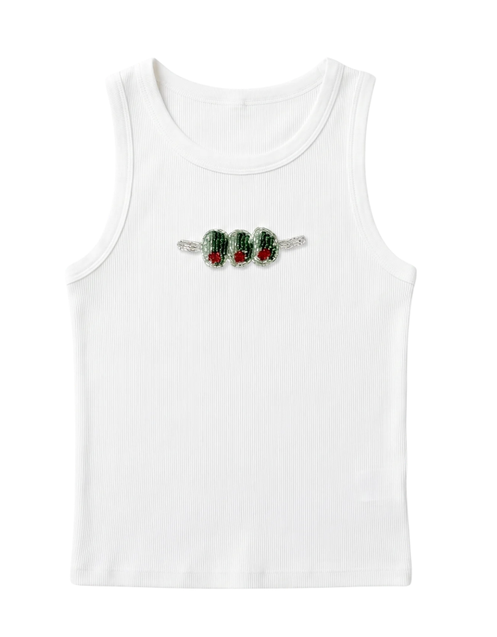 White tank top with an embroidered Olive Design