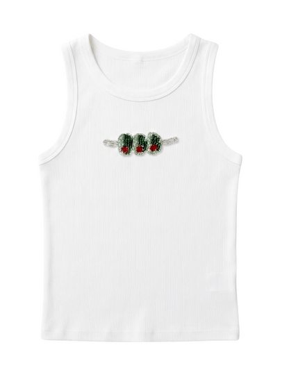 White tank top with an embroidered Olive Design