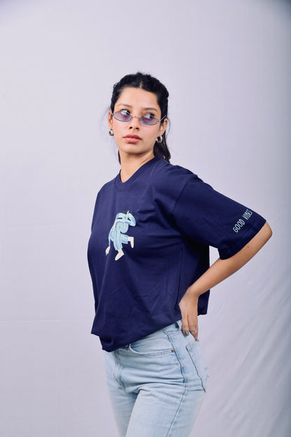 blue printed oversized t shirt